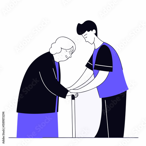 Illustration of caregiver assisting senior woman with mobility aid and showing compassion and support care