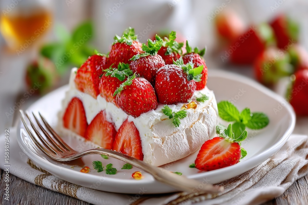 Porción de pavlova de fresa casera con crema y menta en un plato blanco Porción de pavlova de fresa casera con crema y menta en un plato blanco