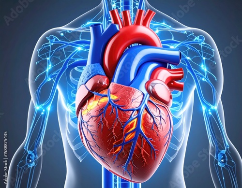 3D anatomical illustration of a human heart and circulatory system