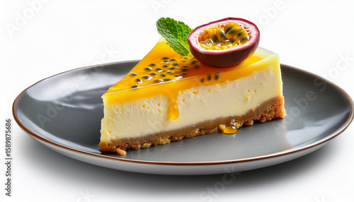 passionfruit cheesecake slice n a tangy and tropical cheesecake made with fresh passionfruit offering a sweet and tart flavor isolated on clear white background highly detailed
