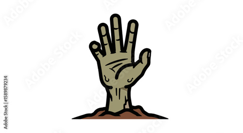 Cartoon illustration of a zombie hand emerging from the ground, reaching upwards.