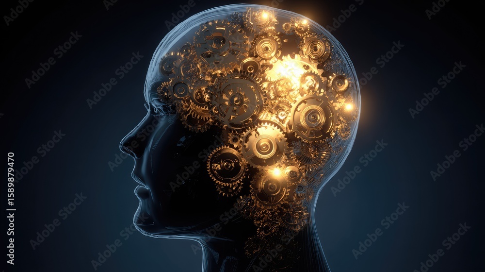 Fototapeta premium Human head, gears, and glowing lights inside, profile view