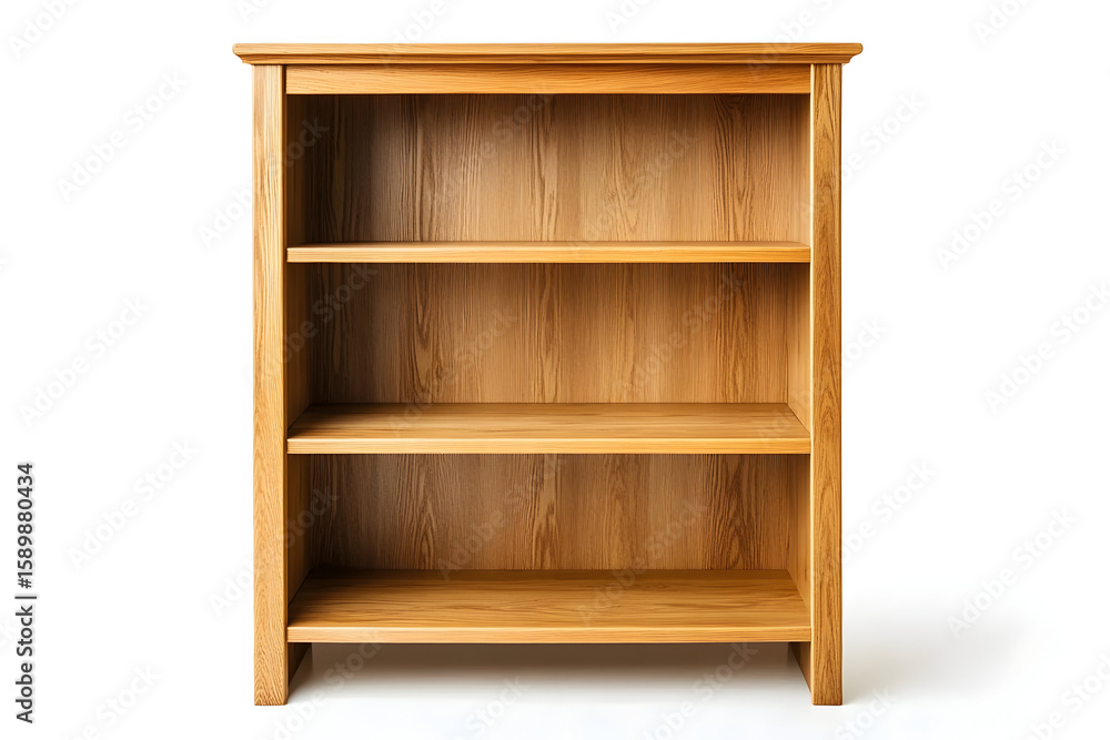 Empty wooden bookcase with three shelves isolated on white background, furniture for home storage Empty wooden bookcase with three shelves isolated on white background, furniture for home storage