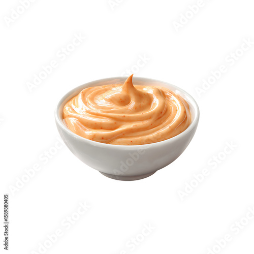 white Bowl of sriracha mayo dip sauce isolated on a transparent background, in a PNG format