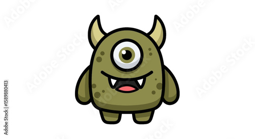 Cute cartoon monster with one eye and horns, smiling and standing.
