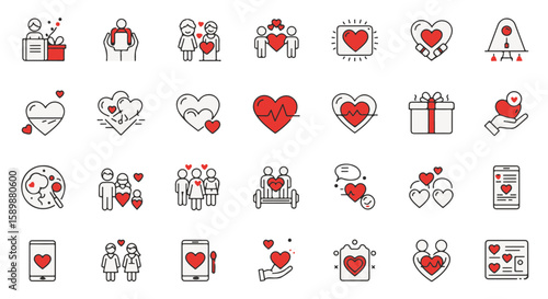 Set of love-themed icons featuring heart symbols.