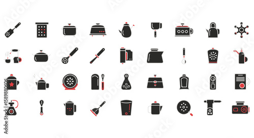Set of various kitchen utensils and appliances.
