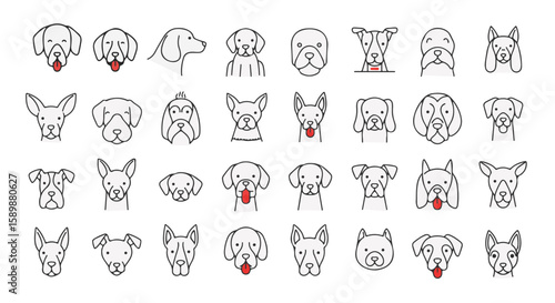 Set of illustrated dog faces in various breeds, showcasing different characteristics.