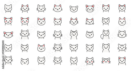 Set of cat face icons on a light background, creating a playful pattern.