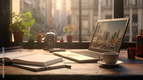 A laptop and coffee cup on a desk with a notebook and plants in front of a bright window view