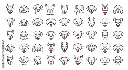 Set of dog portraits in minimal black and white style. 