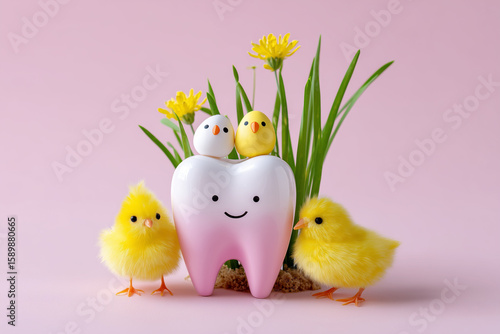 Cute tooth surrounded by chicks and flowers on pink table, healthy smile and springtime theme
