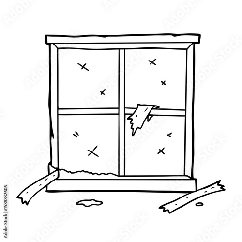Broken window with duct tape and damaged wooden frame  