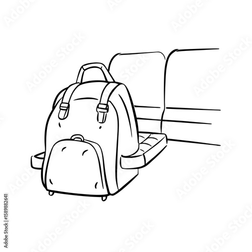 Backpack placed on bus seat in minimal line art style  
