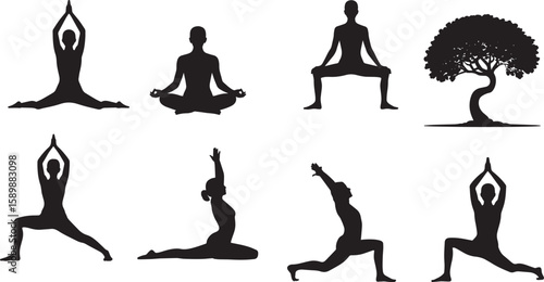 Diverse yoga poses and a tree silhouette silhouettes meditation