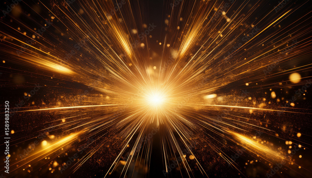 Naklejka premium bright golden particles radiating outward from a central glowing core against a dark background creating a dynamic explosion of light and energy