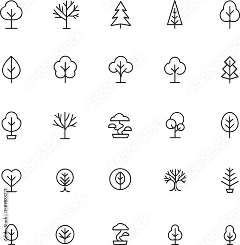 Tree icon set, minimal nature, leaf and eco symbols in line style.