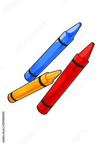 Three colorful crayons in blue, red, and yellow arranged diagonally on a clean white background. The style is bold and bright, suitable for education, children's creativity, or back-to-school concepts