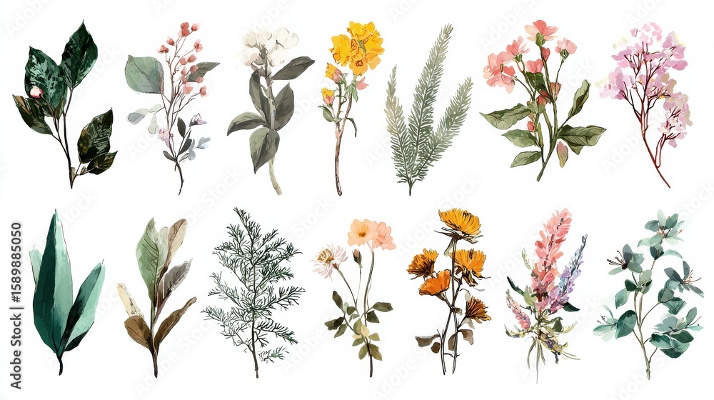 Obraz premium Collection of floral and botanical elements. Set of leaf, foliage wildflowers, plants, bloom, leaves and herb. Hand drawn of blossom spring season vectors for decor, website, graphic and shop., no lo