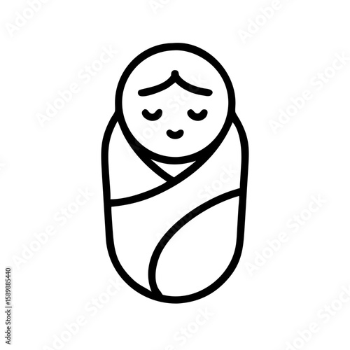 Line icon of newborn baby swaddled in blanket, symbol of infant, motherhood and care