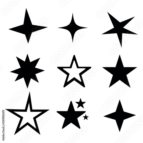 Set of black stars, Abstract symbols of different styles stars icon, vector illustration on white background. 