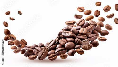 falling roasted brown coffee beans isolated white background