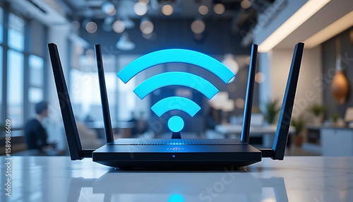 Modern Wi-Fi Router with Glowing Signal in Office Environment – High-Speed Internet Connectivity Concept