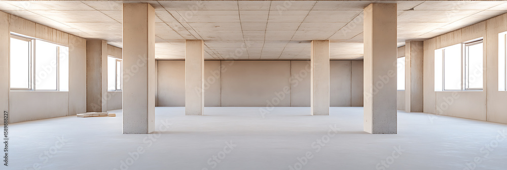 Fototapeta premium Empty concrete room under construction, filled with natural light from several windows. Multiple pillars support the ceiling, accentuating the spacious environment