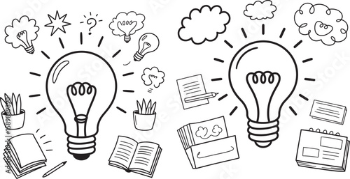 Lightbulb ideas and study materials doodle collection learning education
