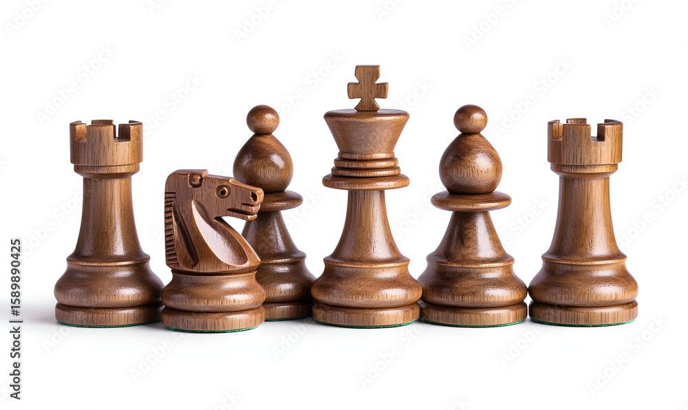 Wooden chess pieces, rook, knight, bishop and king, strategic game, competition and championship Wooden chess pieces, rook, knight, bishop and king, strategic game, competition and championship