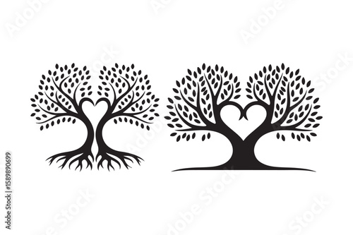 Two stylized black heart trees with intricate roots and leaves