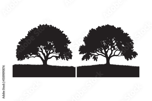 Two silhouetted trees on a grassy hillside against a white background