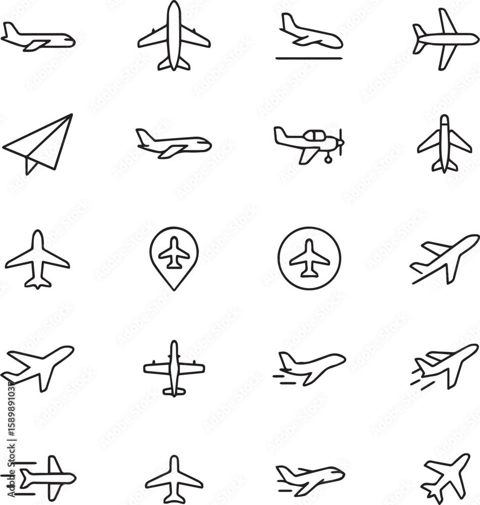 Fototapeta premium Airplane Icon Set. Takeoff, Travel Route, Air Transport, Paper Plane Line Icons Vector Illustration.