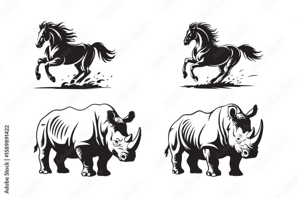 Obraz premium Dynamic black and white silhouettes of a galloping horse and a charging rhinoceros