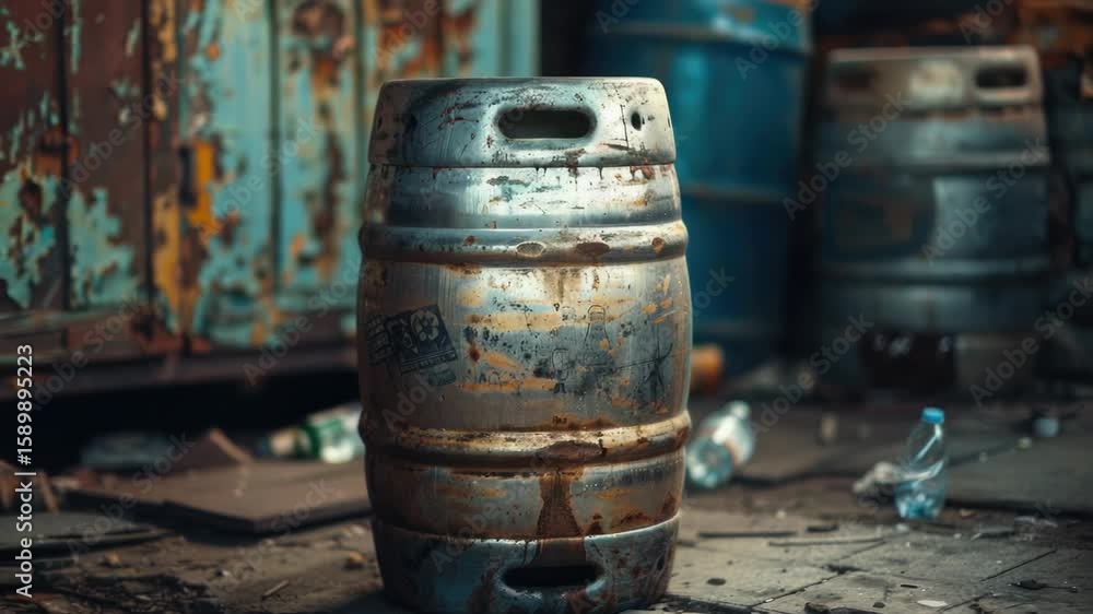 A metal keg sitting on a grimy floor, suitable for use in scenes depicting post-party cleanup or a rustic setting A metal keg sitting on a grimy floor, suitable for use in scenes depicting post-party cleanup or a rustic setting