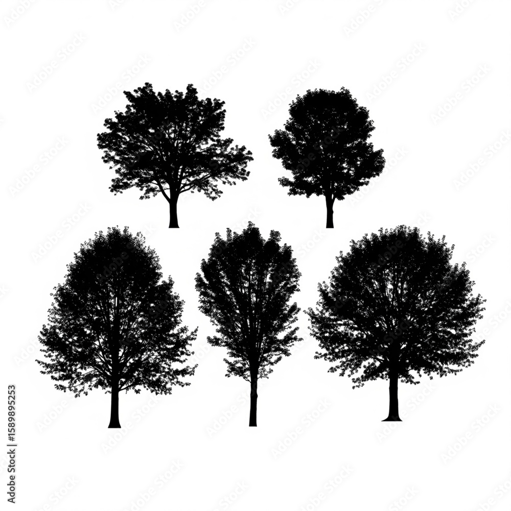 Fototapeta premium Five silhouette trees with varying crown shapes here