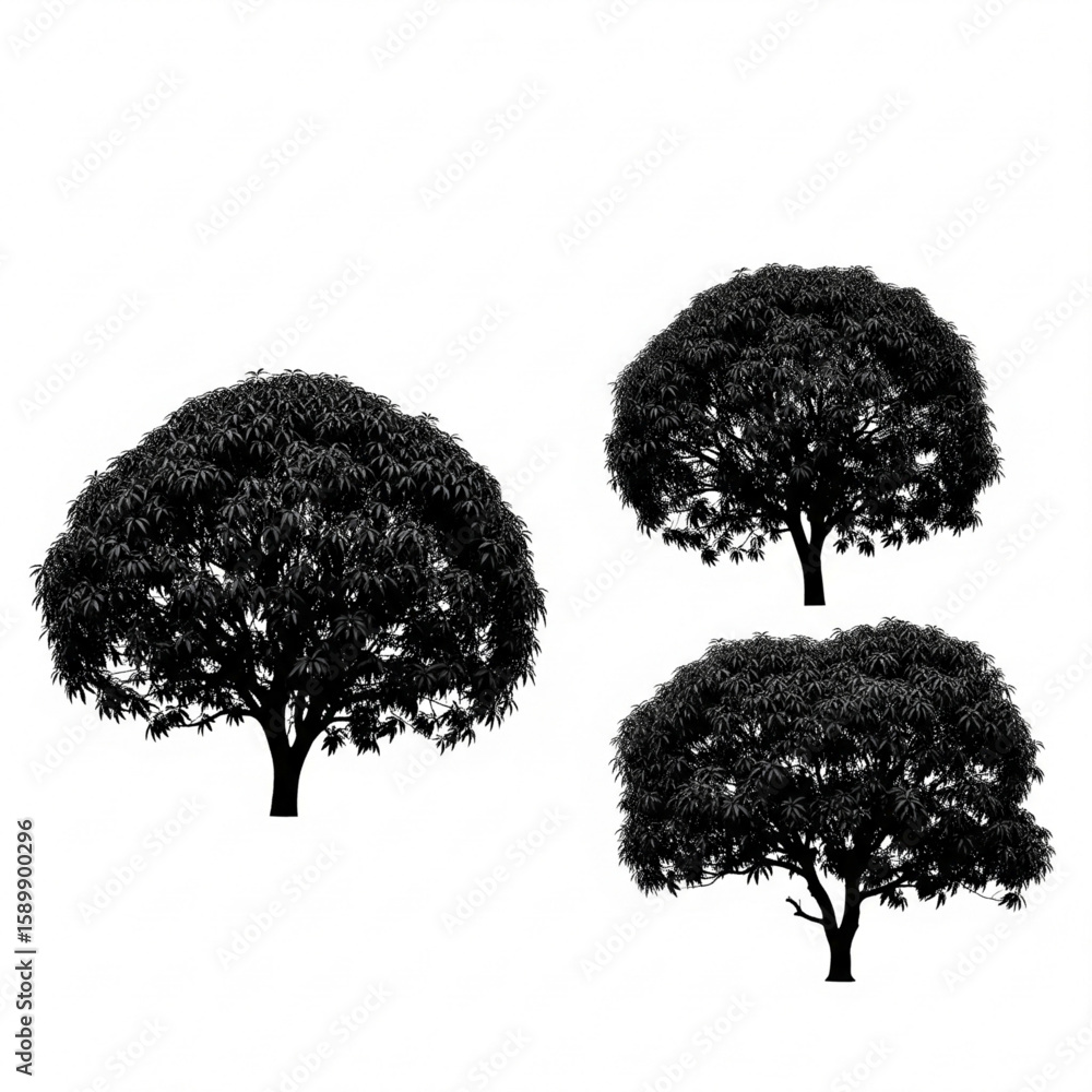 Fototapeta premium Three trees with dense foliage in black and white silhouette