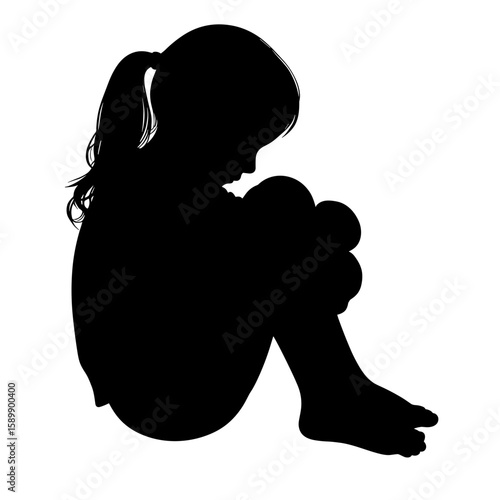 Silhouette of a sad girl sitting with knees to chest, black and white illustration, loneliness and emotional reflection concept