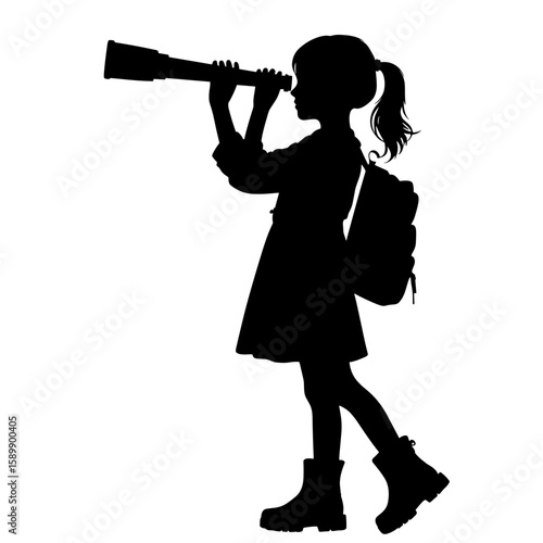 Silhouette of a girl looking through telescope with backpack, black and white illustration, exploration and curiosity concept