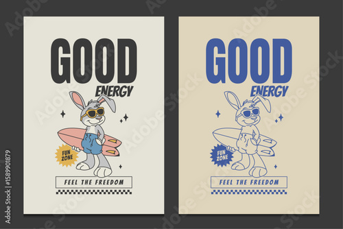 retro 30s poster with cool surfing bunny character, vector illustration