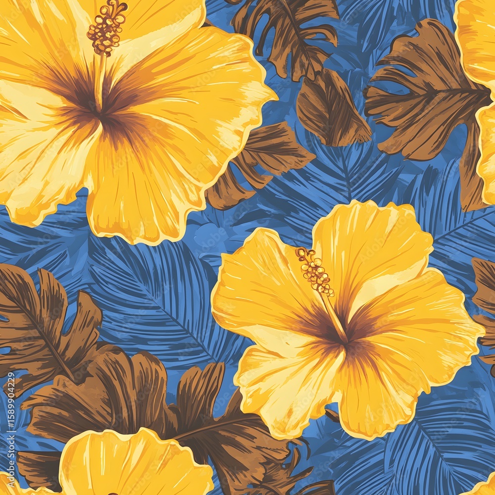 custom made wallpaper toronto digitalSeamless pattern with yellow hibiscus flowers and brown leaves on a blue tropical leaf background