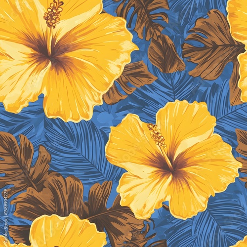 Wallpaper Mural Seamless pattern with yellow hibiscus flowers and brown leaves on a blue tropical leaf background Torontodigital.ca