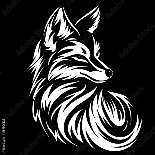 Stylized fox illustration in black and white tribal design