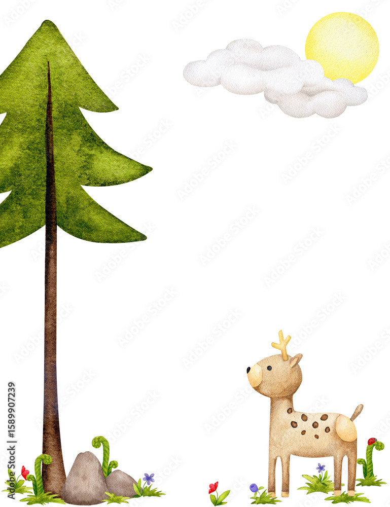 Naklejka premium Cute little deer. Forest animals. Fairy tale, Northern folklore, Scandinavian style, folk art. Childrens watercolor illustration for poster, card, invitation to party, birthday, baby shower.