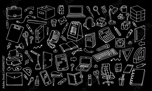 a set of stationery for office and school, hand-drawn in cartoon style on a black background.