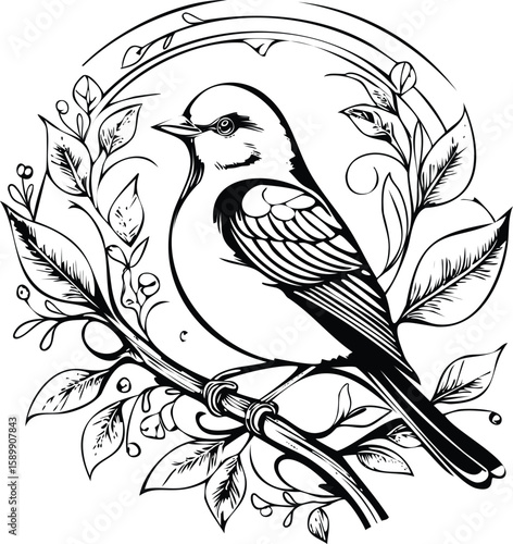 Songbird on Branch: Elegant Line Art Illustration