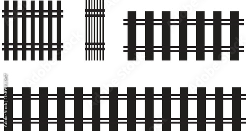 Black silhouette fence vector set featuring different barrier styles. Ideal for garden, farm, or construction designs. Clean, scalable, and easy to customize for various projects.