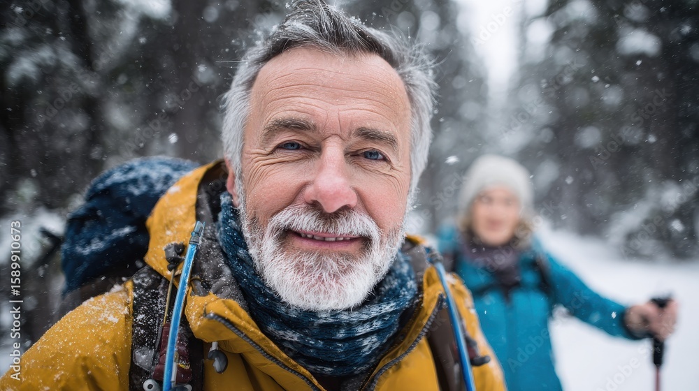 Fototapeta premium A front view horizontal portrait of a smiling senior adult man carrying a backpack and ski poles while trekking in the snowy woods with his wife in the background, no logos, no brands