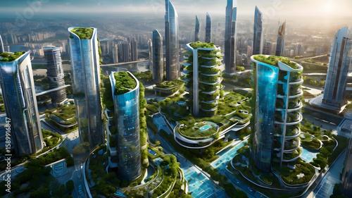 Futuristic Smart City with Vertical Gardens and Blue Holograms
