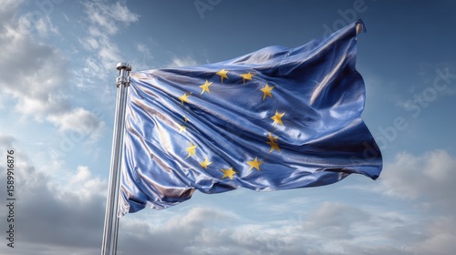 European Union Flag waving in the wind on flagpole over a blue and cloudy sky.